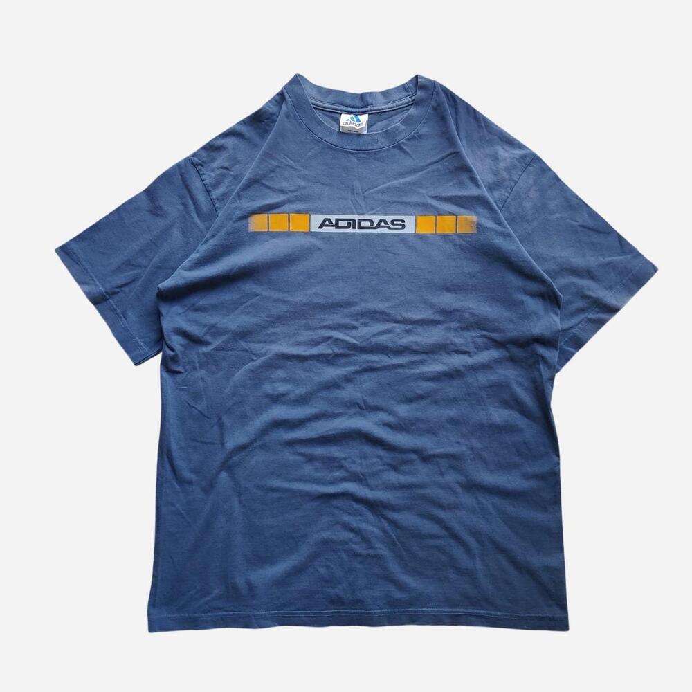 Vintage 90s Adidas blue t-shirt with yellow and white logo